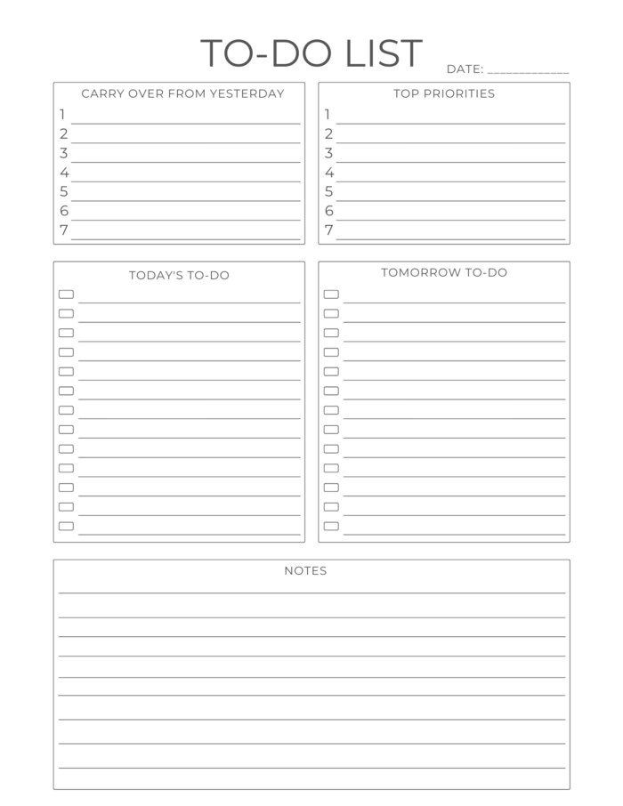 Printable to-do list template with categories.