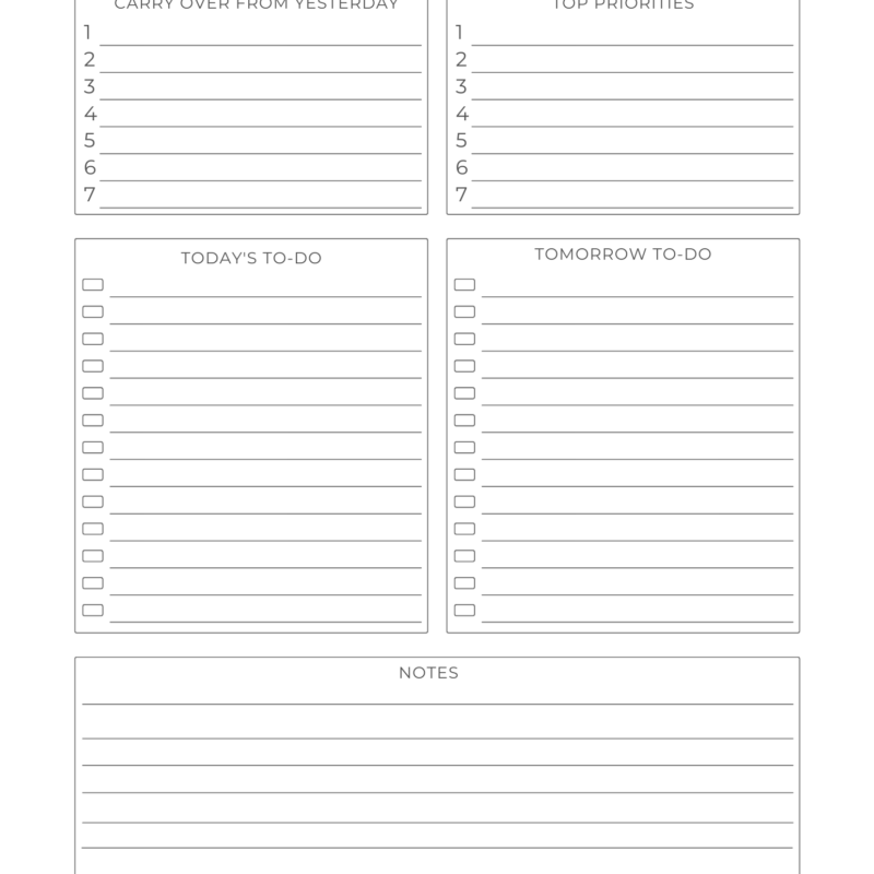 Printable to-do list template with categories.