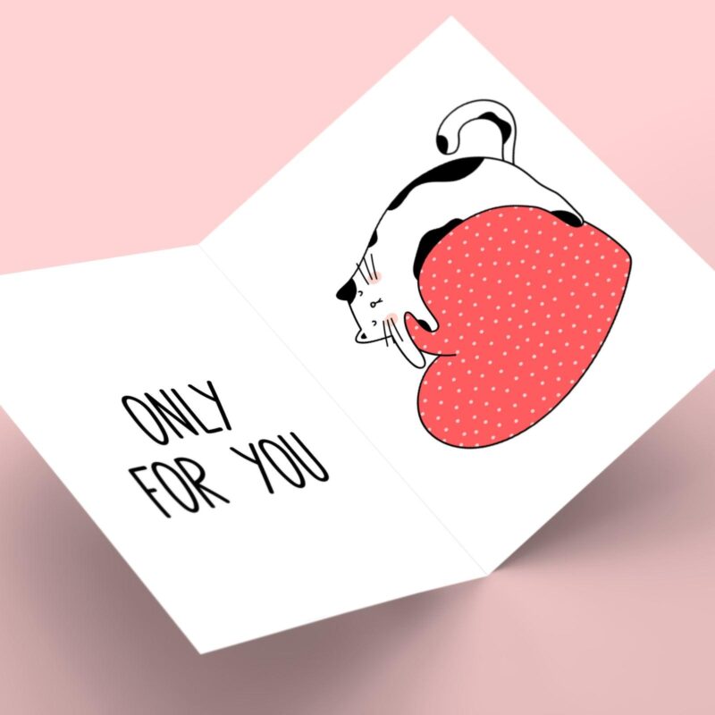 Greeting card with cat and heart illustration.