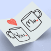 Greeting card with mugs and heart illustration.