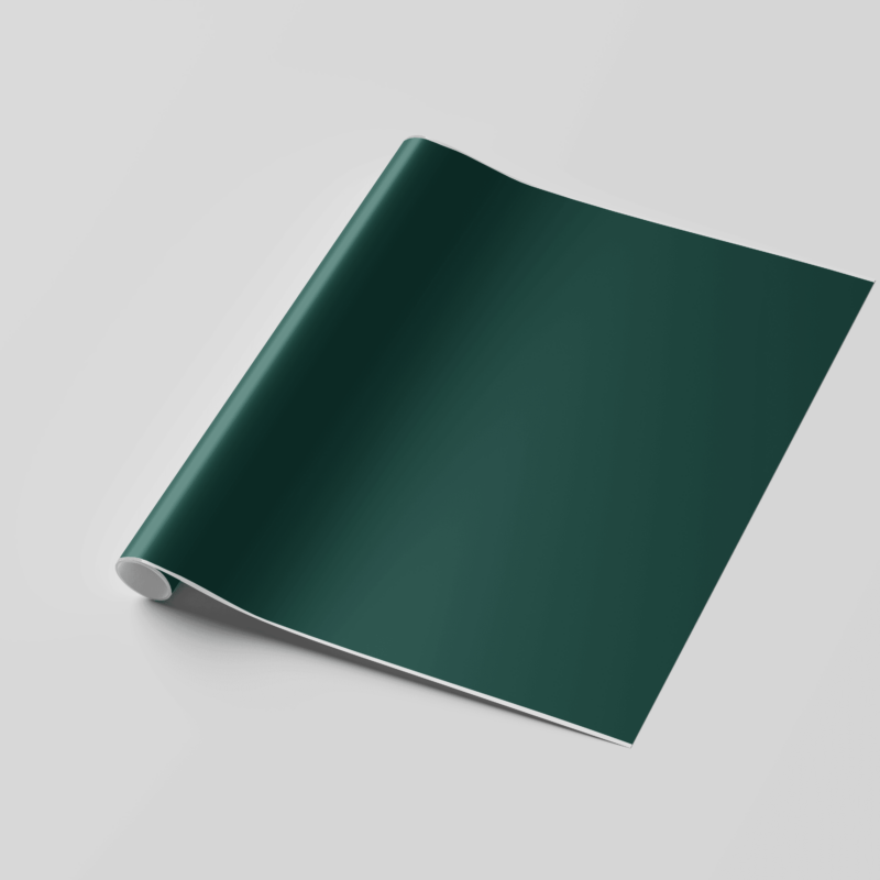 Rolled green wallpaper on white background.