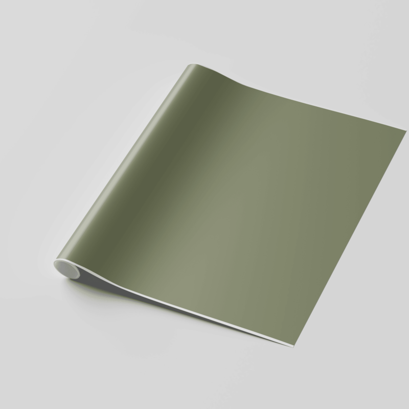 Rolled olive green wallpaper on white background.