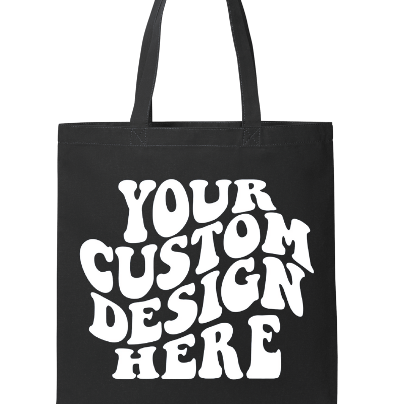 Black tote bag with customizable design text.