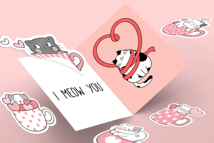 Cute cat-themed Valentine's Day card with hearts.