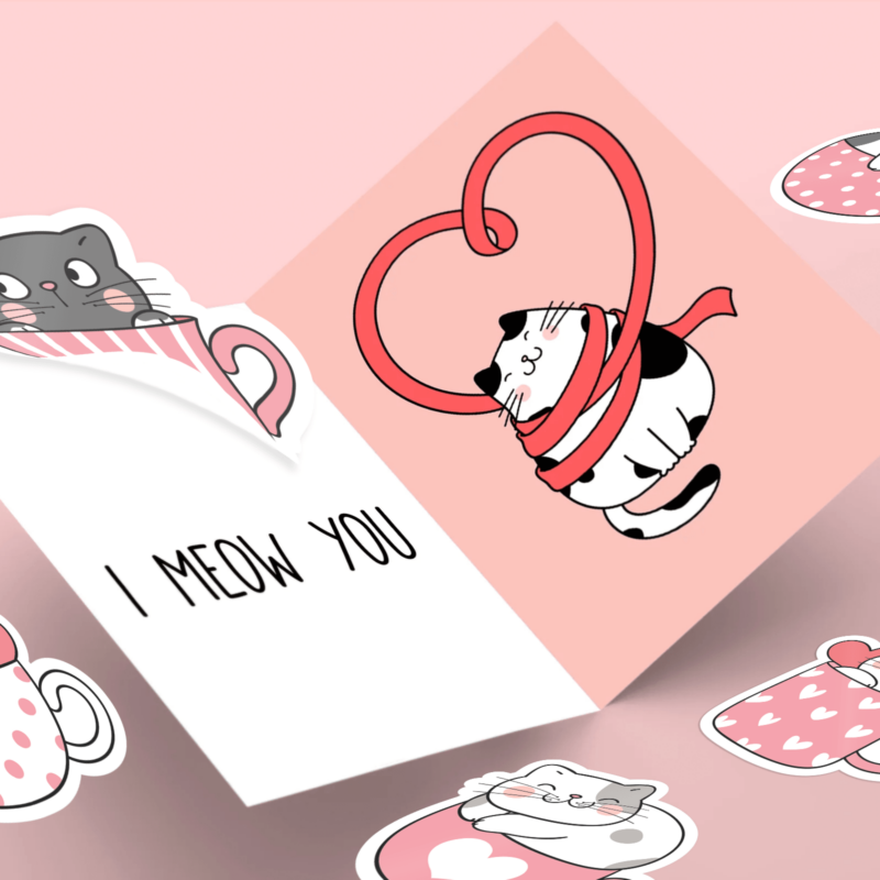 Cute cat-themed Valentine's Day card with hearts.