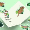 Dinosaur-themed Valentine's Day card with heart stickers.