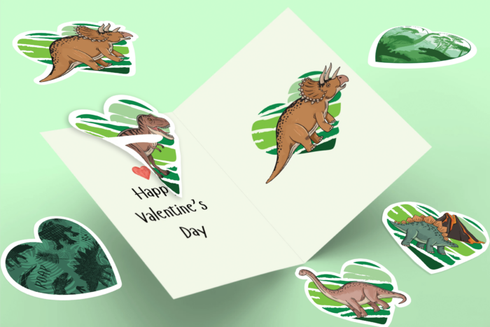 Dinosaur-themed Valentine's Day card with heart stickers.