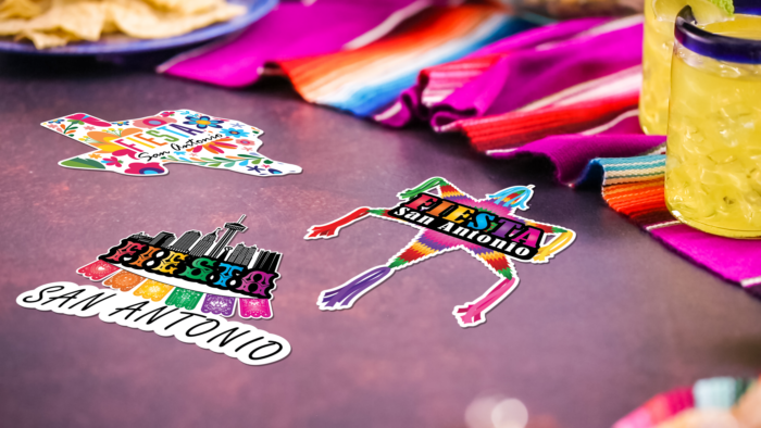 San Antonio Fiesta-themed stickers and colorful decorations