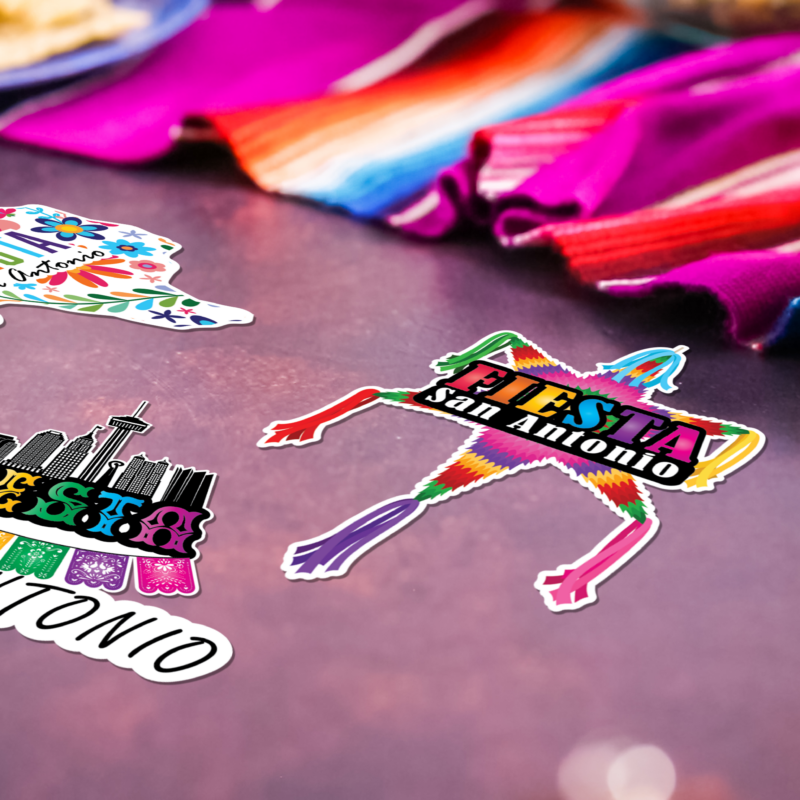 San Antonio Fiesta-themed stickers and colorful decorations