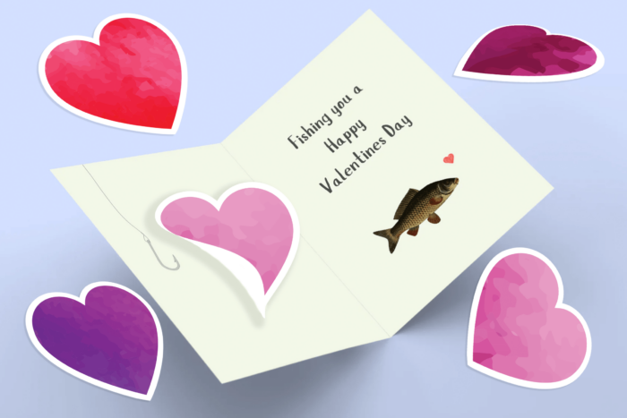 Valentine card with fish, hearts, and message.