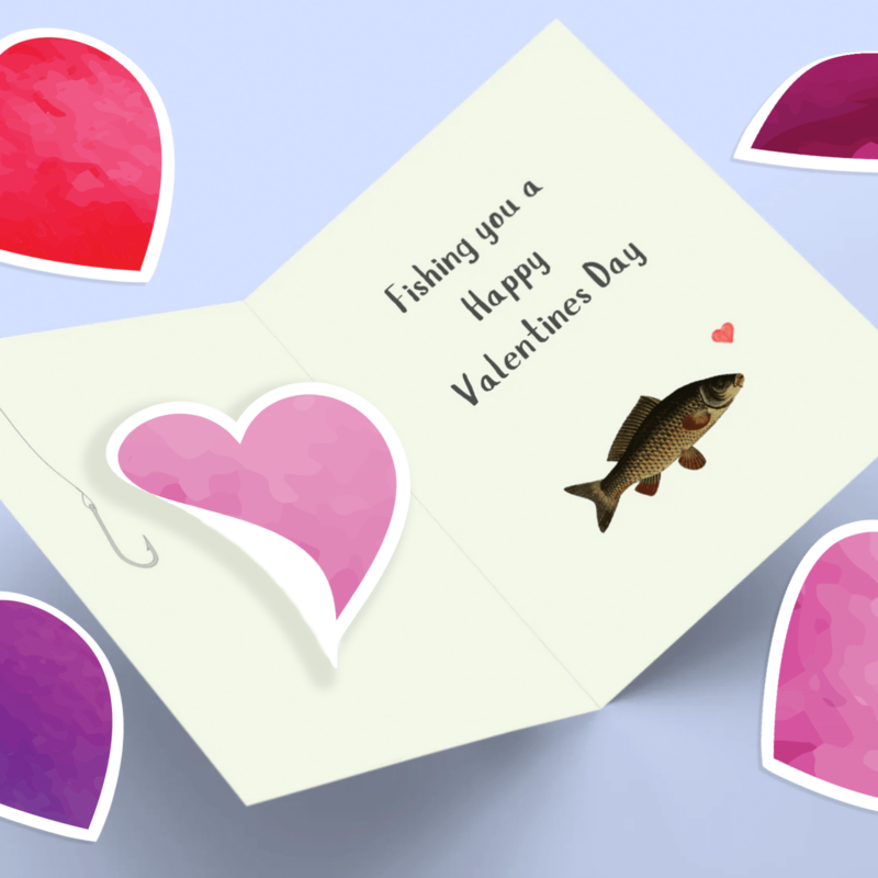 Valentine card with fish, hearts, and message.