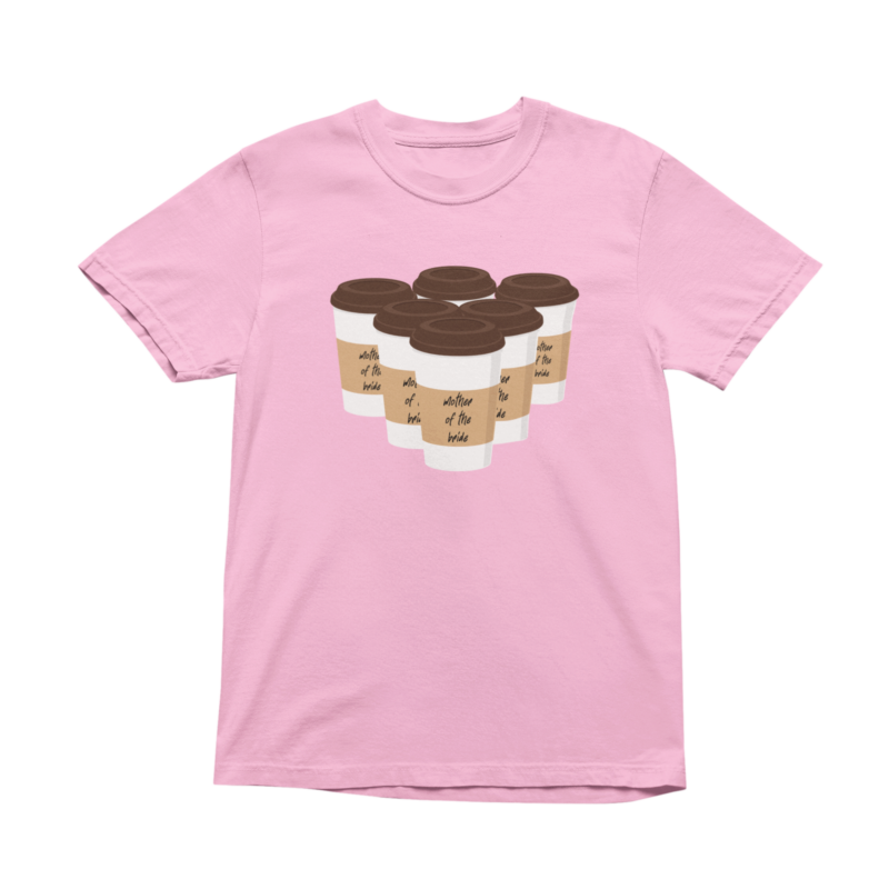 Pink t-shirt with coffee cup graphic design.