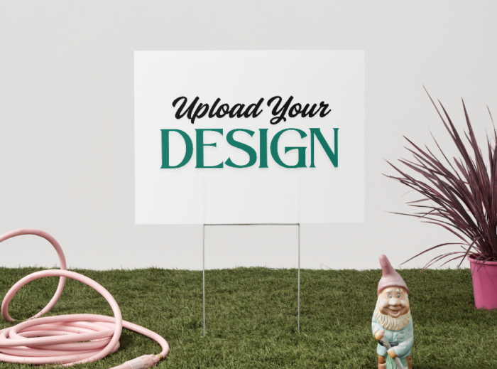 Sign with 'Upload Your Design' message.