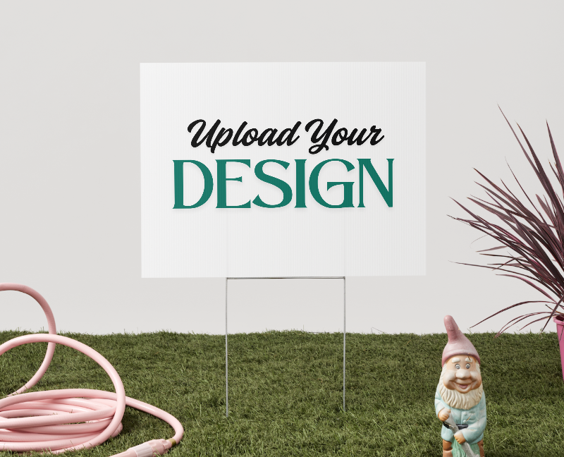Sign with 'Upload Your Design' message.