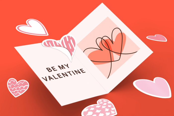 Valentine's card with hearts and message.