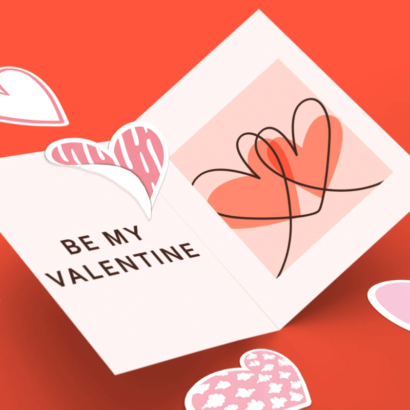 Valentine's card with hearts and message.