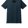 Black collared shirt with buttons and short sleeves.