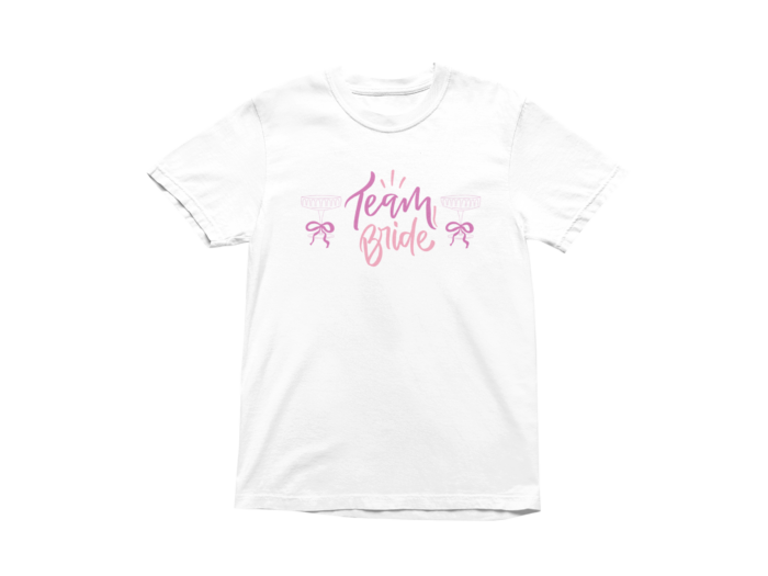 White t-shirt with 'Team Bride' design.