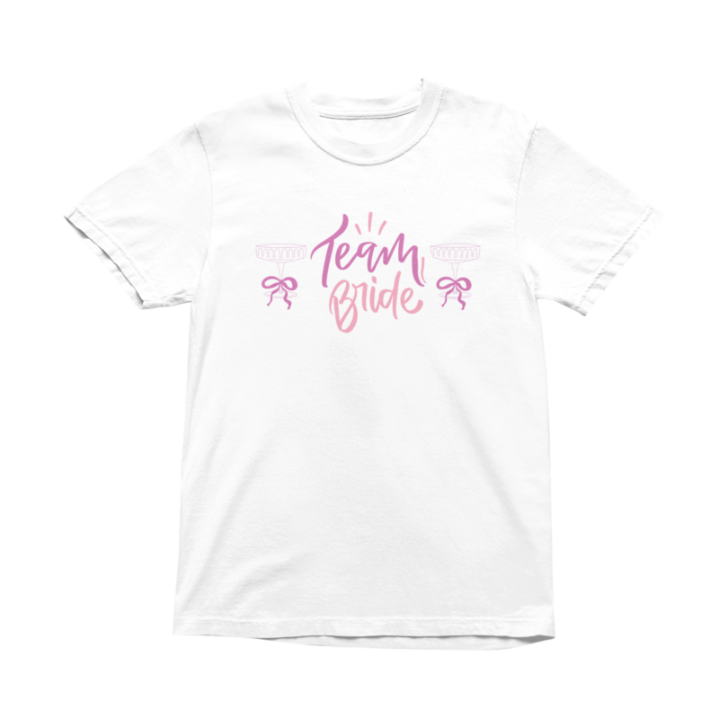 White t-shirt with 'Team Bride' design.