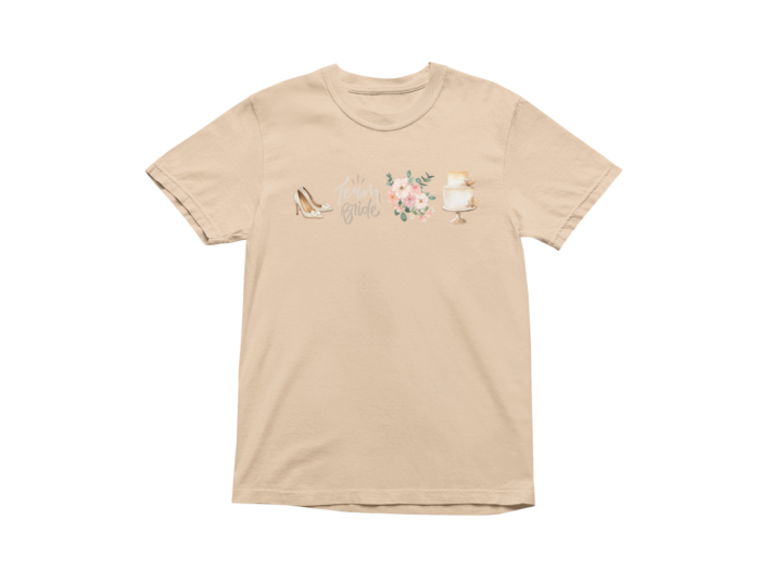 Beige t-shirt with wedding-themed illustrations.