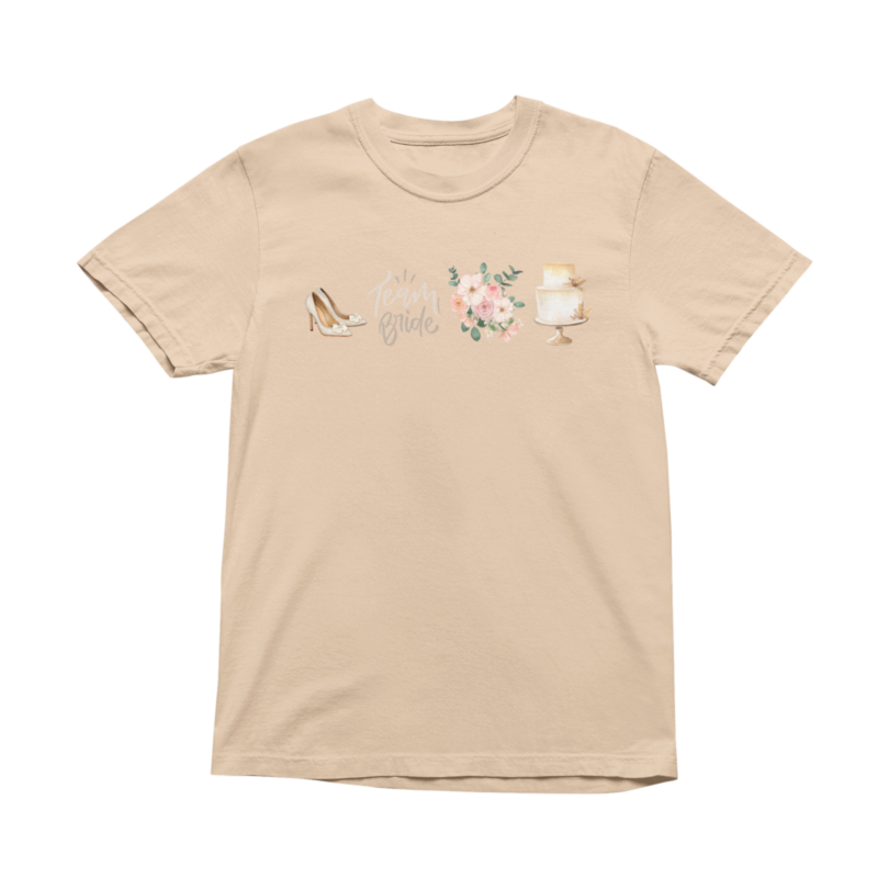 Beige t-shirt with wedding-themed illustrations.