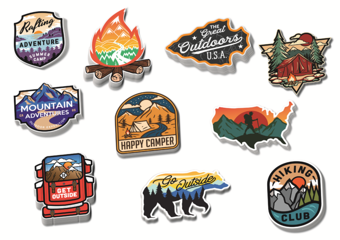 Colorful outdoor adventure and camping stickers collection.