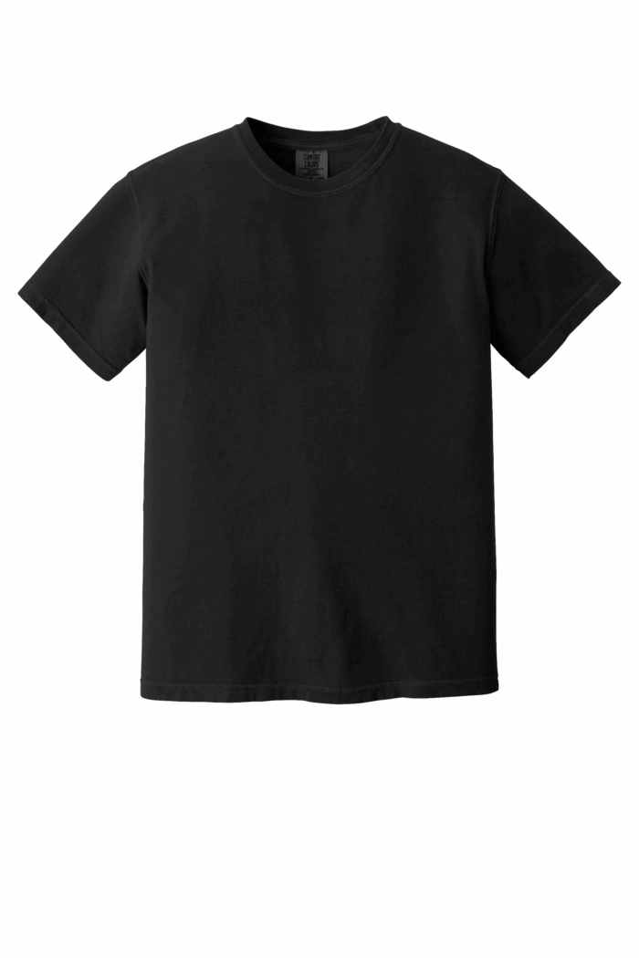 Plain black T-shirt on white background.