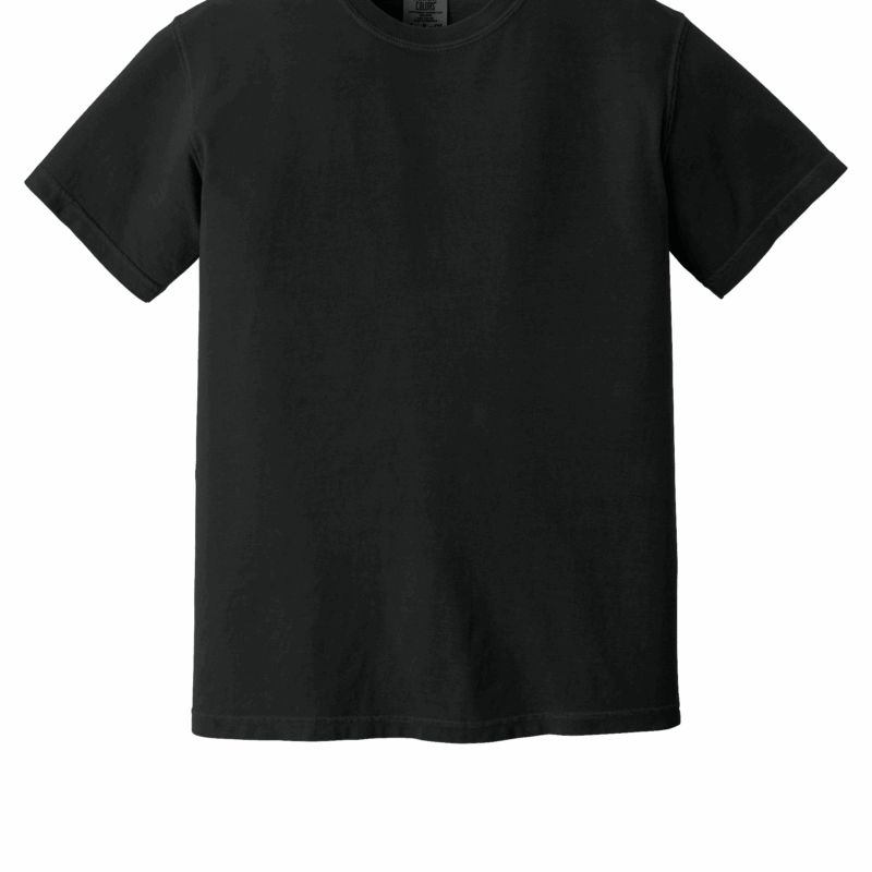 Plain black T-shirt on white background.