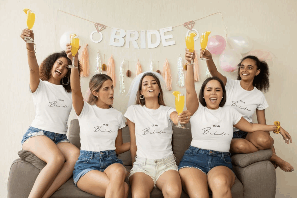 Bridal party celebrating with mimosas on a couch.