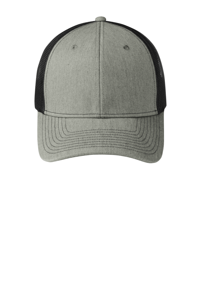 Gray and black trucker hat, front view.