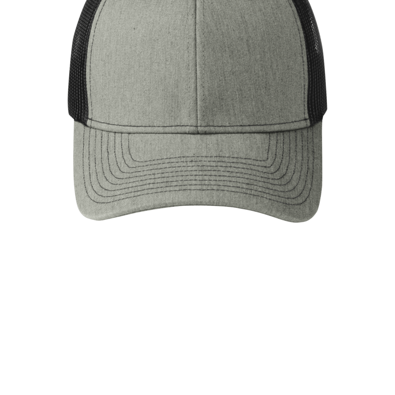 Gray and black trucker hat, front view.