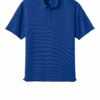 Blue polo shirt with short sleeves.