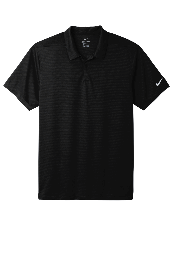 Black Dri-FIT polo shirt with short sleeves.