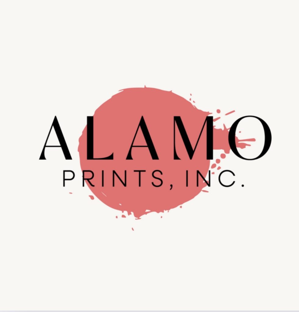 Alamo Prints Inc. logo with red splash design