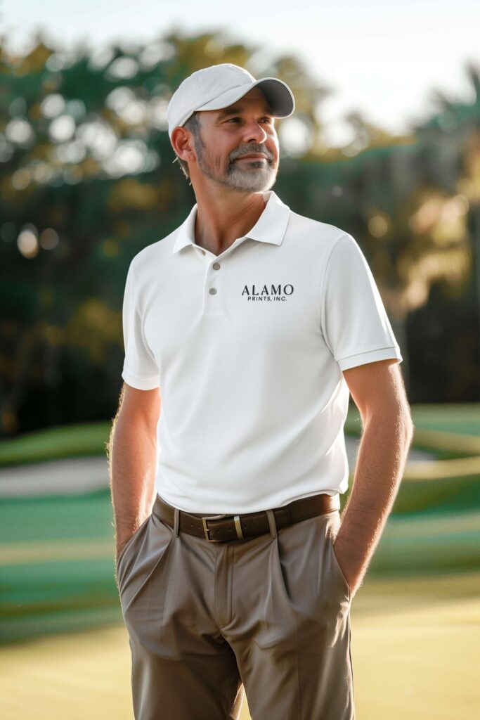 Smiling man in Alamo polo at golf course