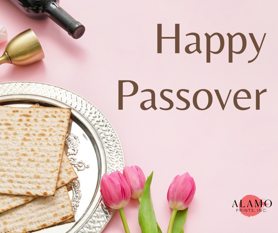 Passover greeting with matzo, wine, and tulips.