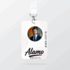Alamo Prints badge with man in suit photo.