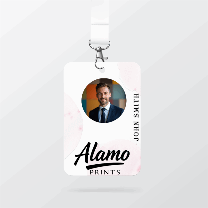 Alamo Prints badge with man in suit photo.