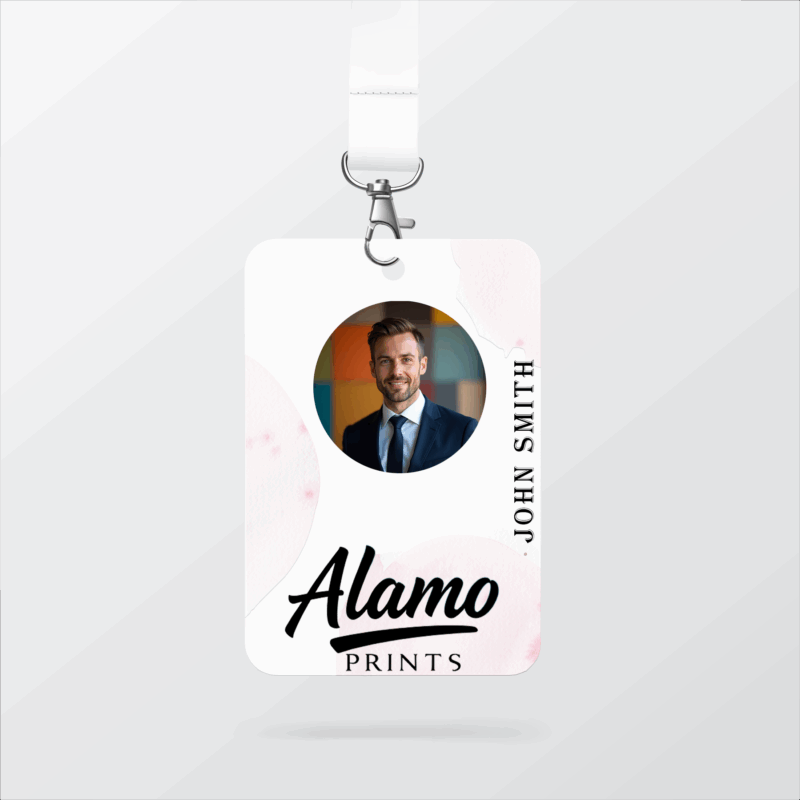 Alamo Prints badge with man in suit photo.
