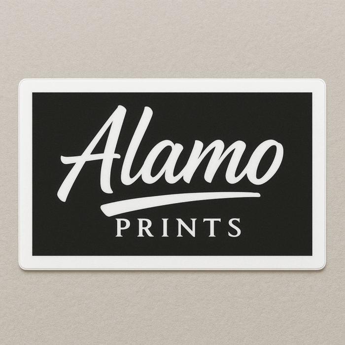 Alamo Prints logo on beige background