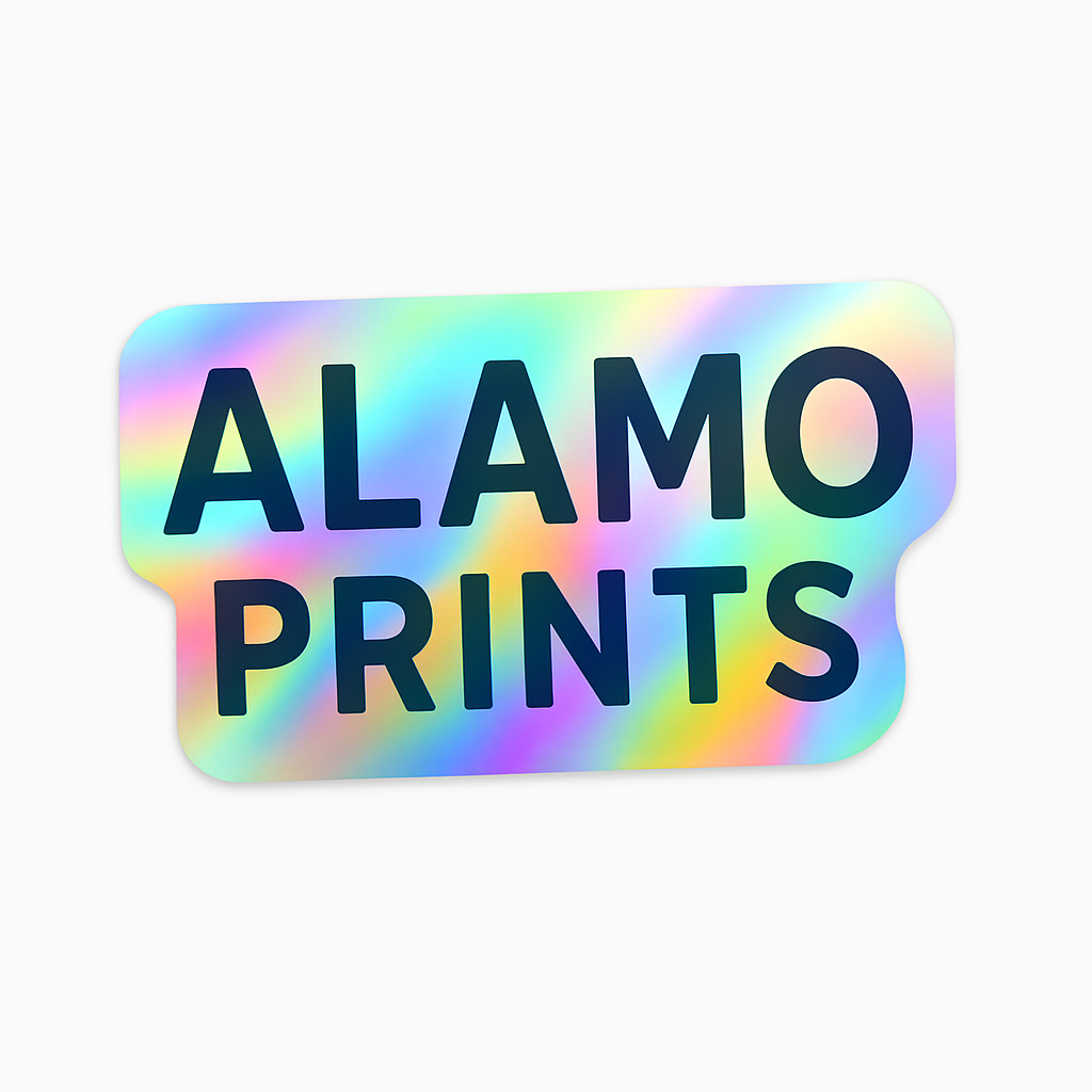 Alamo Prints logo with colorful gradient background.