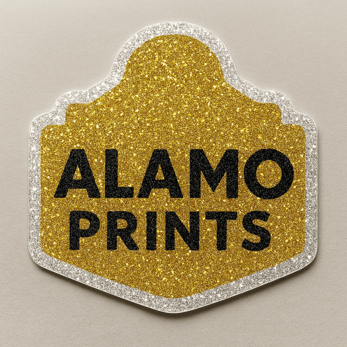 Alamo Prints glittery gold and silver logo sticker.