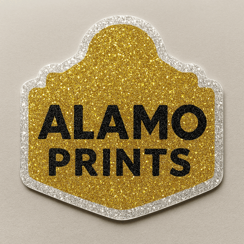 Alamo Prints glittery gold and silver logo sticker.