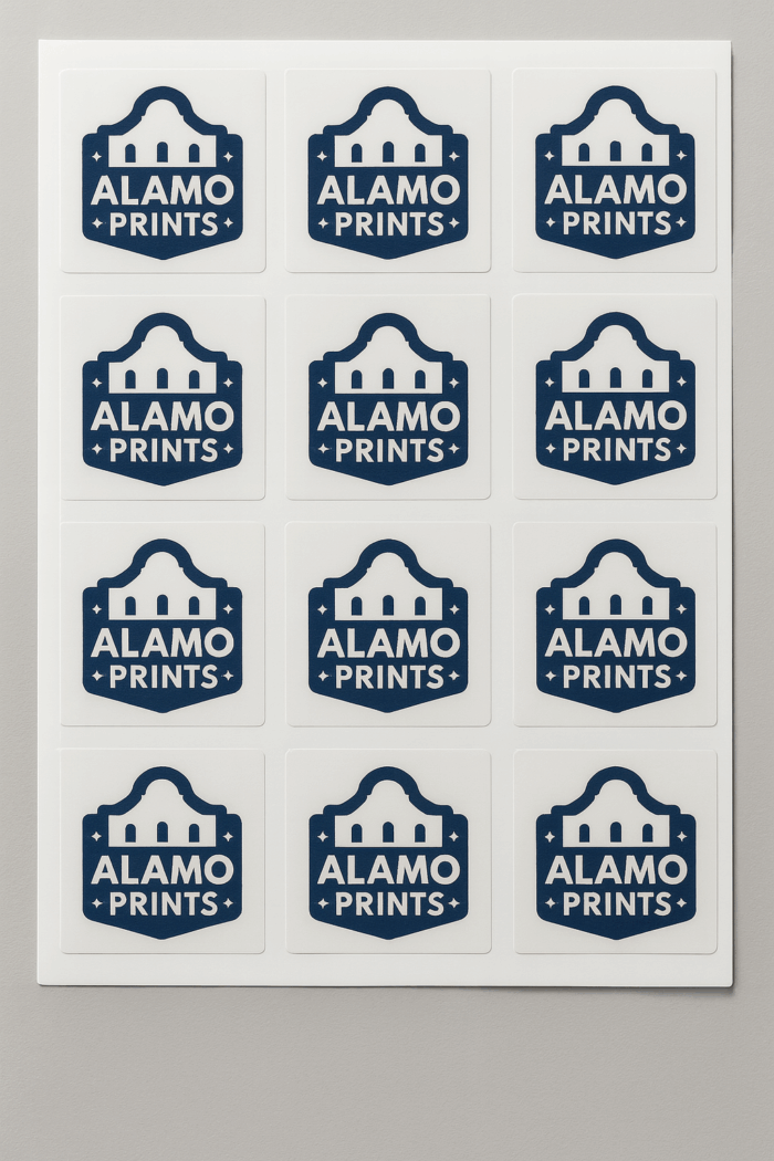 Sheet of Alamo Prints logo stickers