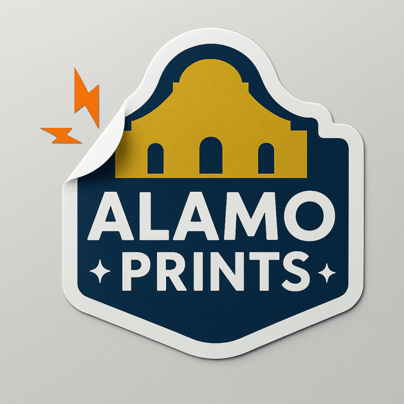 Alamo Prints logo sticker with building silhouette.
