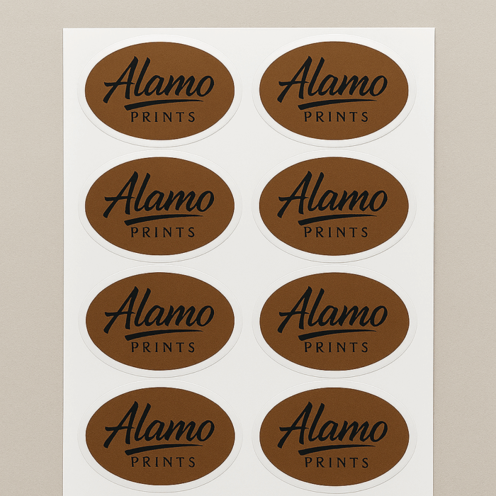 Brown Alamo Prints oval stickers sheet.