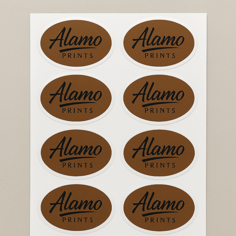 Brown Alamo Prints oval stickers sheet.
