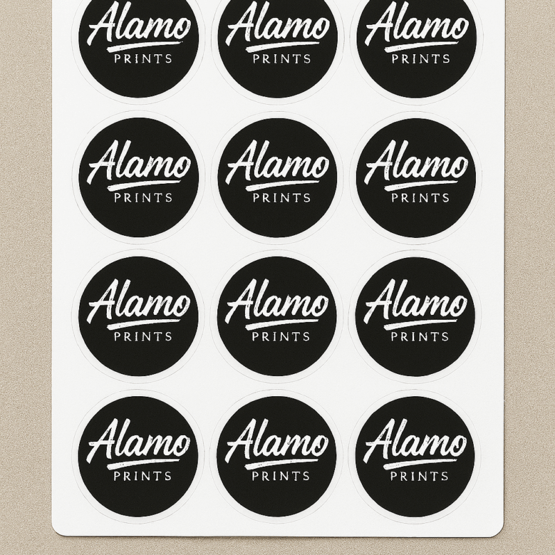 Sheet of Alamo Prints black round stickers.