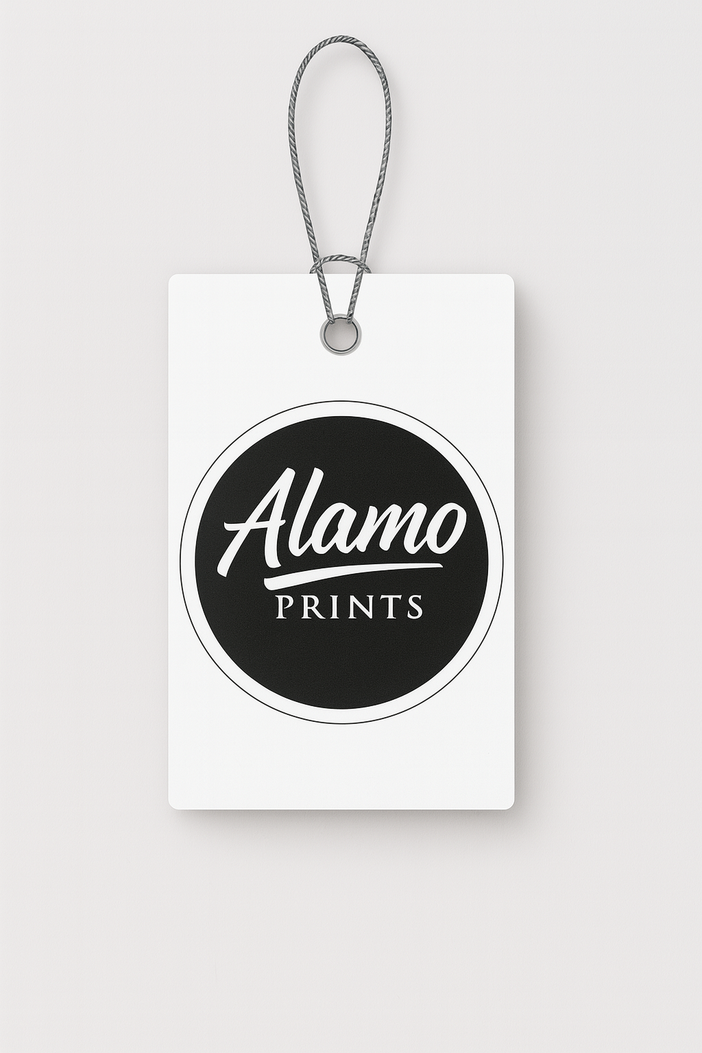 Alamo Prints logo on hanging card