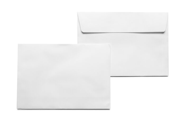 Two blank white envelopes on white background.